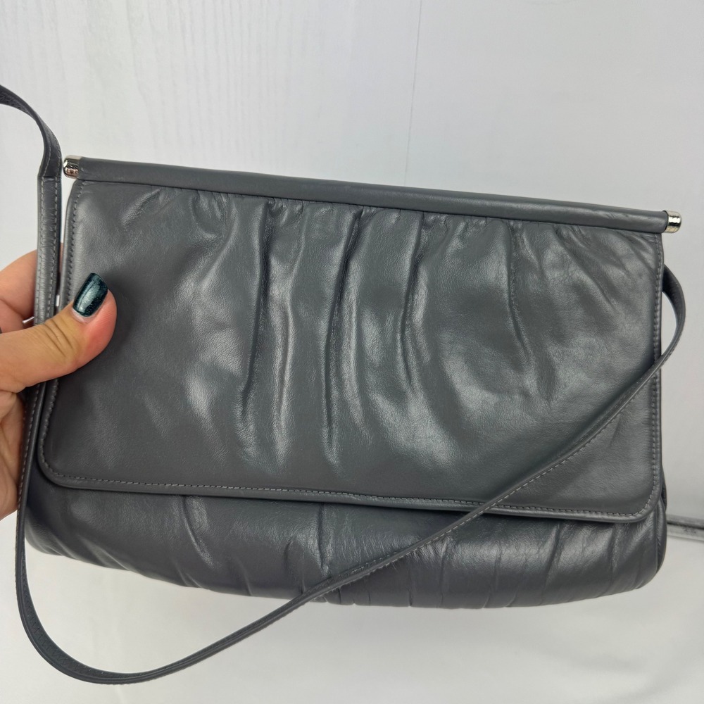 Vintage Mardane USA Gray Leather Ruched Foldover Clutch‎ Shoulder Bag